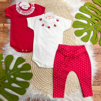 Conj. de Malha 3 peças - Borboletas com Poá - Vermelho e Off White